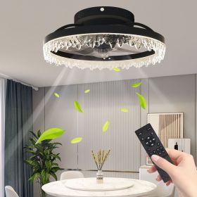 Smart Silent Elegant Black Ceiling Fan with Light – 16-inch Flush Mount LED Chandelier with 5 Invisible Blades, Remote Control & Timer