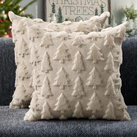Christmas Tree Pillow Covers 18x18 inch Set of 2 Christmas Decoration Beige Soft Plush Faux Fur Jacquard Throw Pillows for Bedroom Sofa Holiday Festiv