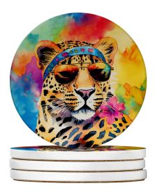 Hippie Animal Leopard Large Sandstone Coasters Pack of 4 Absorbent Round Coasters Decor Gifts for Men or Women, 4 in, Multicolor