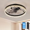 Smart Silent Elegant Black Ceiling Fan with Light – 16-inch Flush Mount LED Chandelier with 5 Invisible Blades, Remote Control & Timer