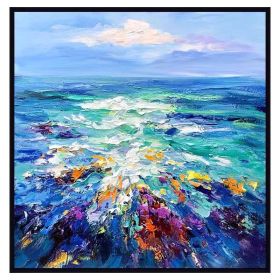 Modern Artist Painted Abstract Dark Blue Sea Oil Painting On Canvas Wall Art Frameless Picture Decor For Living Room Home Gift (size: 90x90cm)