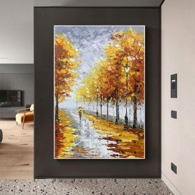 Minimalist Forest Oil Painting on Canvas Large Wall Art Original Abstract Tree Landscape Art Custom Painting Yellow Autumn Decor Home Decor (Style: 01, size: 70x100cm)