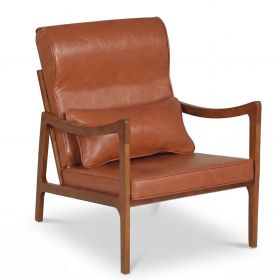 Modern Accent Chair with Solid Rubber Wood Upholstered Armchair (Color: Brown)
